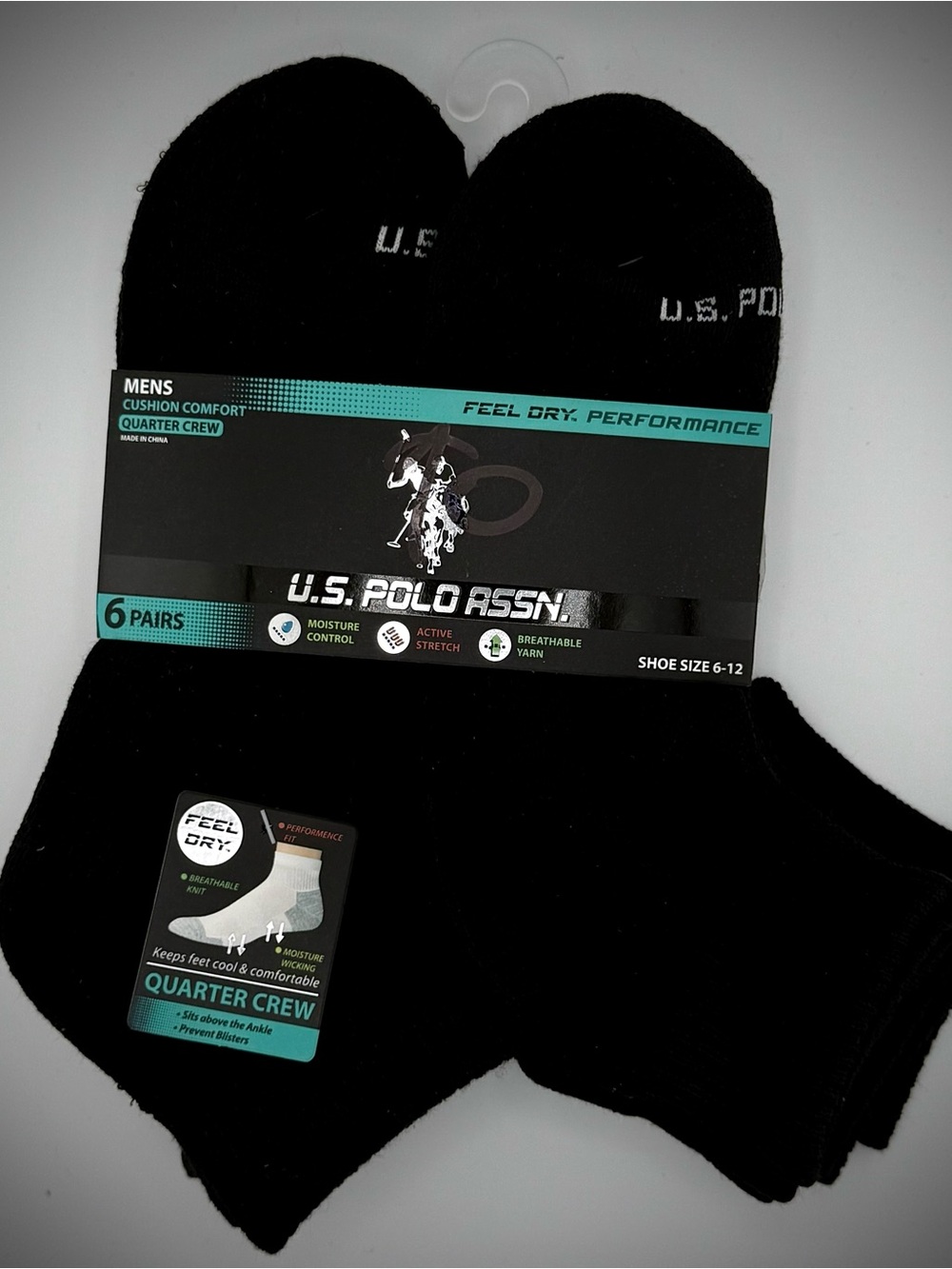 U.S. Polo Assn. Men's Black Quarter Crew Socks 6 Pairs, Size 6-12 NWT